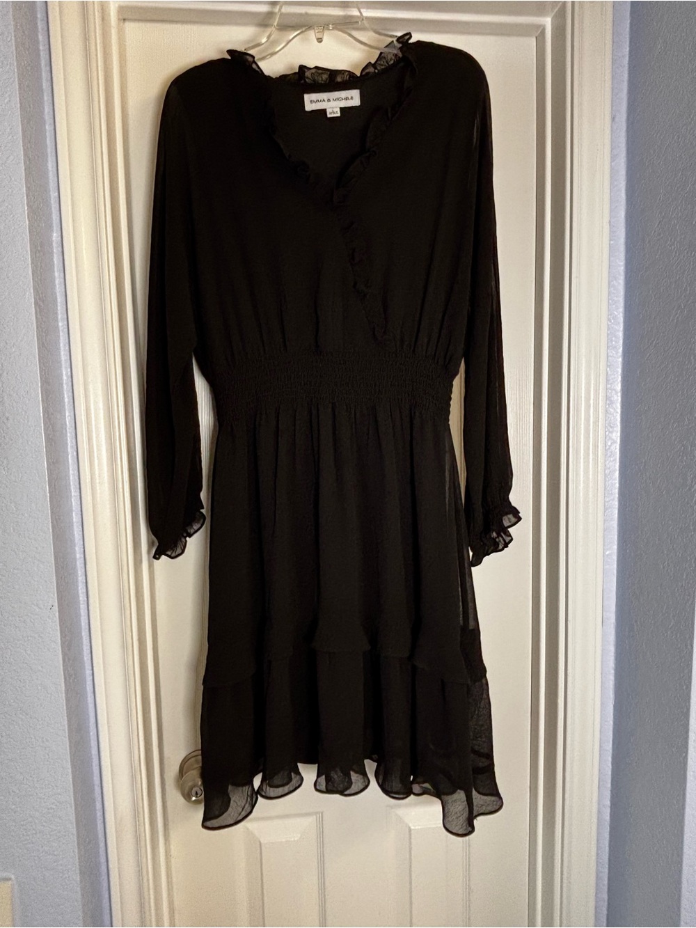 Emma & Michele Black Chiffon Long-Sleeve Ruffle Smocked Waist Midi Dress Sz L